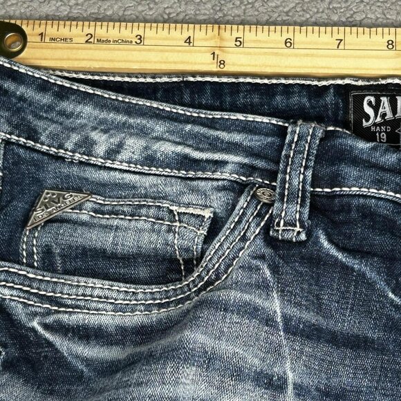 Salvage Mayhem Jeans Mens 32x31 Blue Bootcut Contrast Thick Stitch Buckle Y2K - Picture 9 of 14
